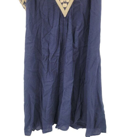 THML Navy Blue Sleeveless Swing Dress Sz L Embroidered V-Neck Cutout Back Rayon - Picture 5 of 9